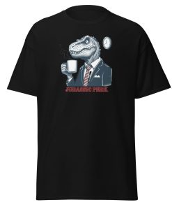 Jurassic Perk Men’s T-shirt – T-rex drinking a coffee