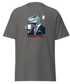 Jurassic Perk Men’s T-shirt – T-rex drinking a coffee