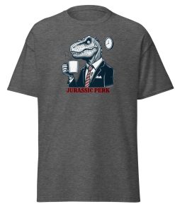 Jurassic Perk Men’s T-shirt – T-rex drinking a coffee