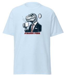 Jurassic Perk Men’s T-shirt – T-rex drinking a coffee
