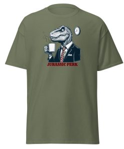 Jurassic Perk Men’s T-shirt – T-rex drinking a coffee