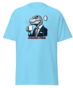 Jurassic Perk Men’s T-shirt – T-rex drinking a coffee