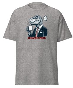 Jurassic Perk Men’s T-shirt – T-rex drinking a coffee