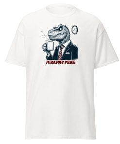 Jurassic Perk Men’s T-shirt – T-rex drinking a coffee