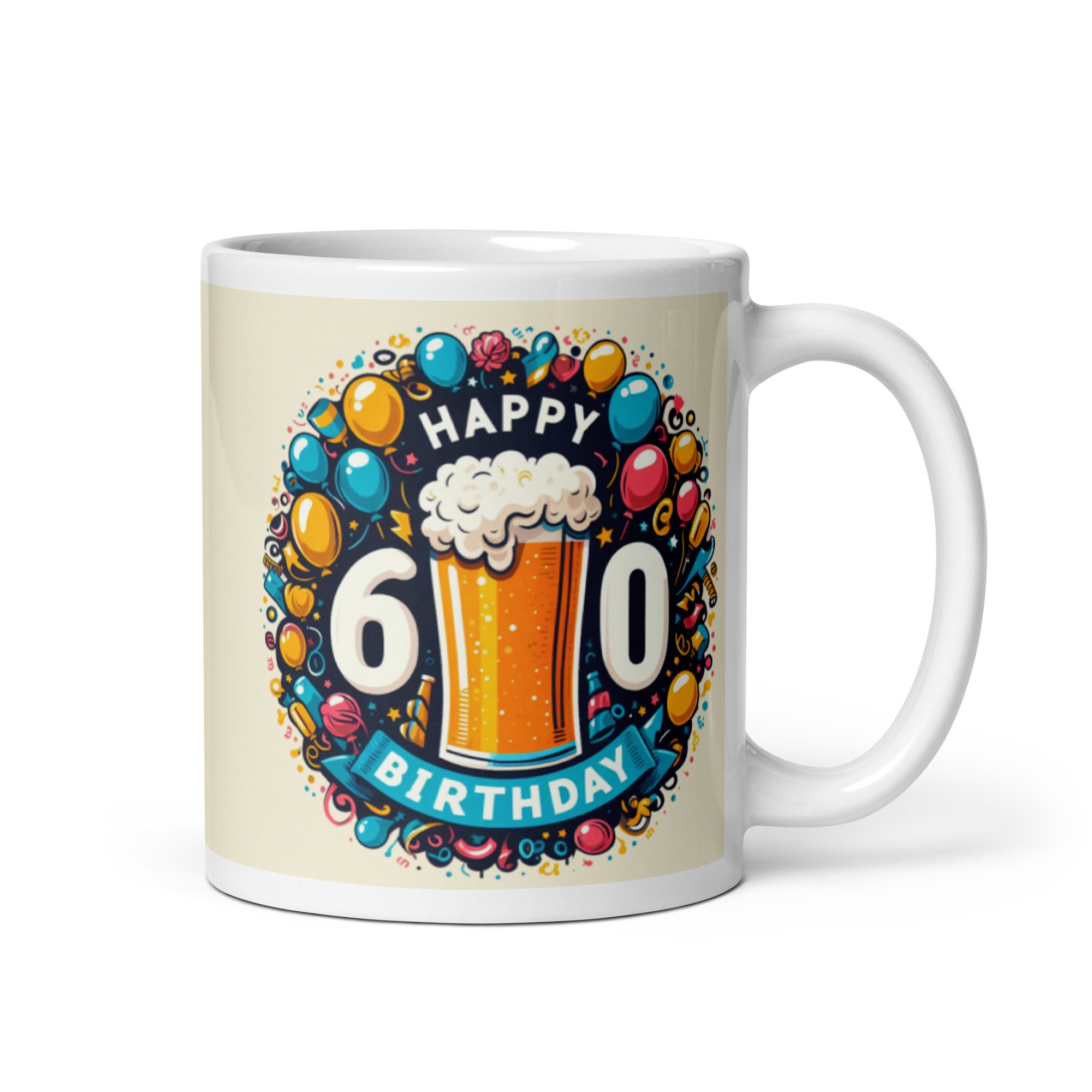 60th Birthday Gift Mug – Happy 60th Birthday Mug Beer & Balloons
