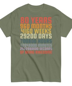 80th Birthday T-Shirt Present for men with Years Months Days Seconds