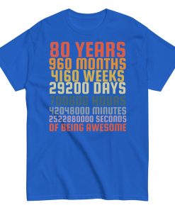 80th Birthday T-Shirt Present for men with Years Months Days Seconds