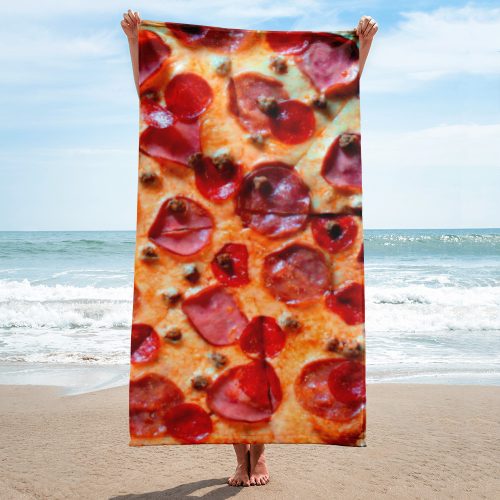 A high-quality novelty beach towel designed to look like a giant pepperoni pizza slice, part of our cool beach towels for adults range.