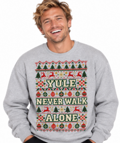 Funny Scouse Christmas jumper featuring a Yule Never Walk Alone slogan with festive knit-style reindeer, baubles and snowflakes. A great Scouser gift.