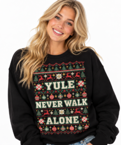 Funny Scouse Christmas jumper featuring a Yule Never Walk Alone