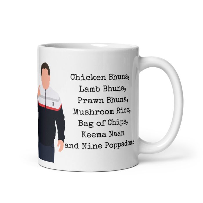 A white glossy mug featuring the iconic Smithy curry order