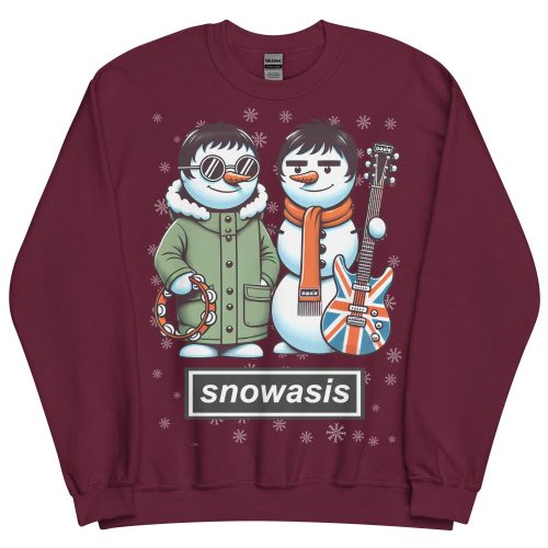 Snowasis Oasis Christmas Jumper Liam & Noel Gallagher Snowmen - Maroon