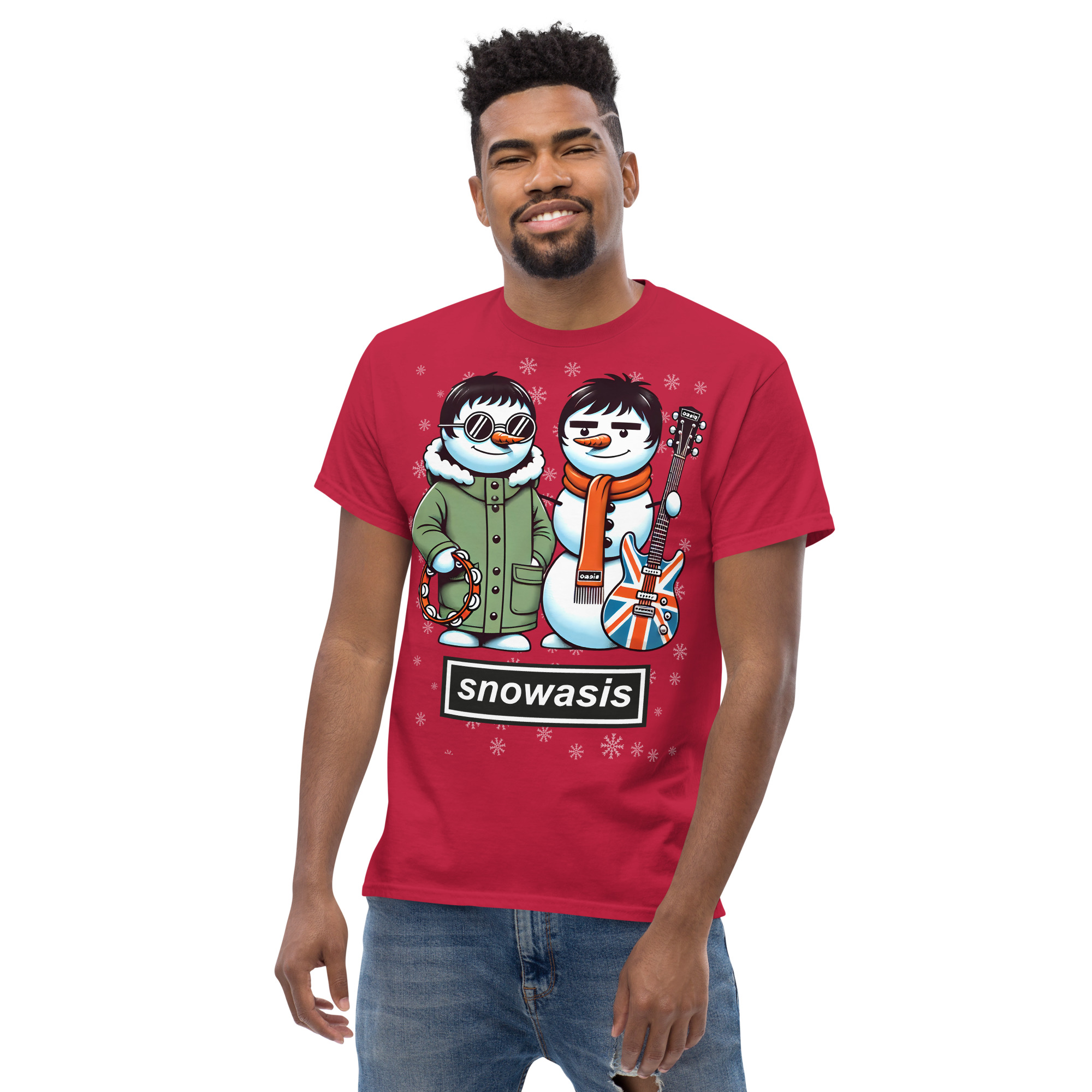 Snowasis Oasis-inspired men's Christmas T-shirt with festive snowmen design