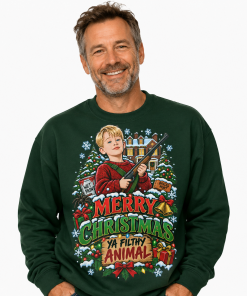 Merry Christmas Ya Filthy Animal jumper with a funny festive movie-inspired design. A nostalgic Christmas sweatshirt and gift for film lovers.