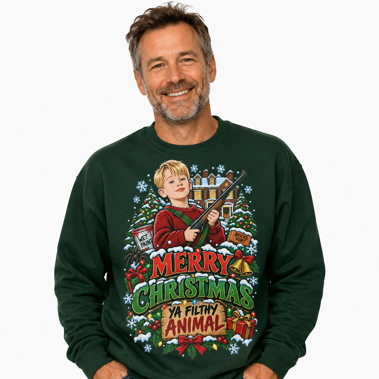 Merry Christmas Ya Filthy Animal jumper with a funny festive movie-inspired design. A nostalgic Christmas sweatshirt and gift for film lovers.
