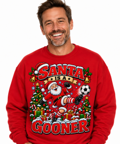 Arsenal Christmas jumper featuring a funny Santa Is a Gooner football design. A festive red and white Christmas gift for Arsenal fans and Gooners.