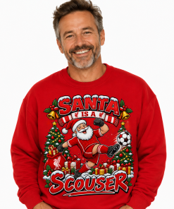 Liverpool Christmas jumper featuring a funny Santa Is a Scouser football design. A festive red Christmas gift for Liverpool fans, Scousers and football lovers.