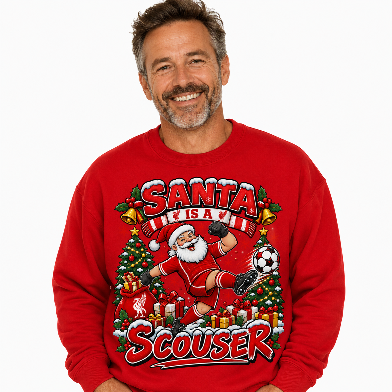 Liverpool Christmas jumper featuring a funny Santa Is a Scouser football design. A festive red Christmas gift for Liverpool fans, Scousers and football lovers.