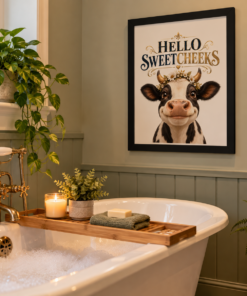 Funny cow bathroom wall art featuring a cute floral cow and Hello Sweetcheeks slogan.
