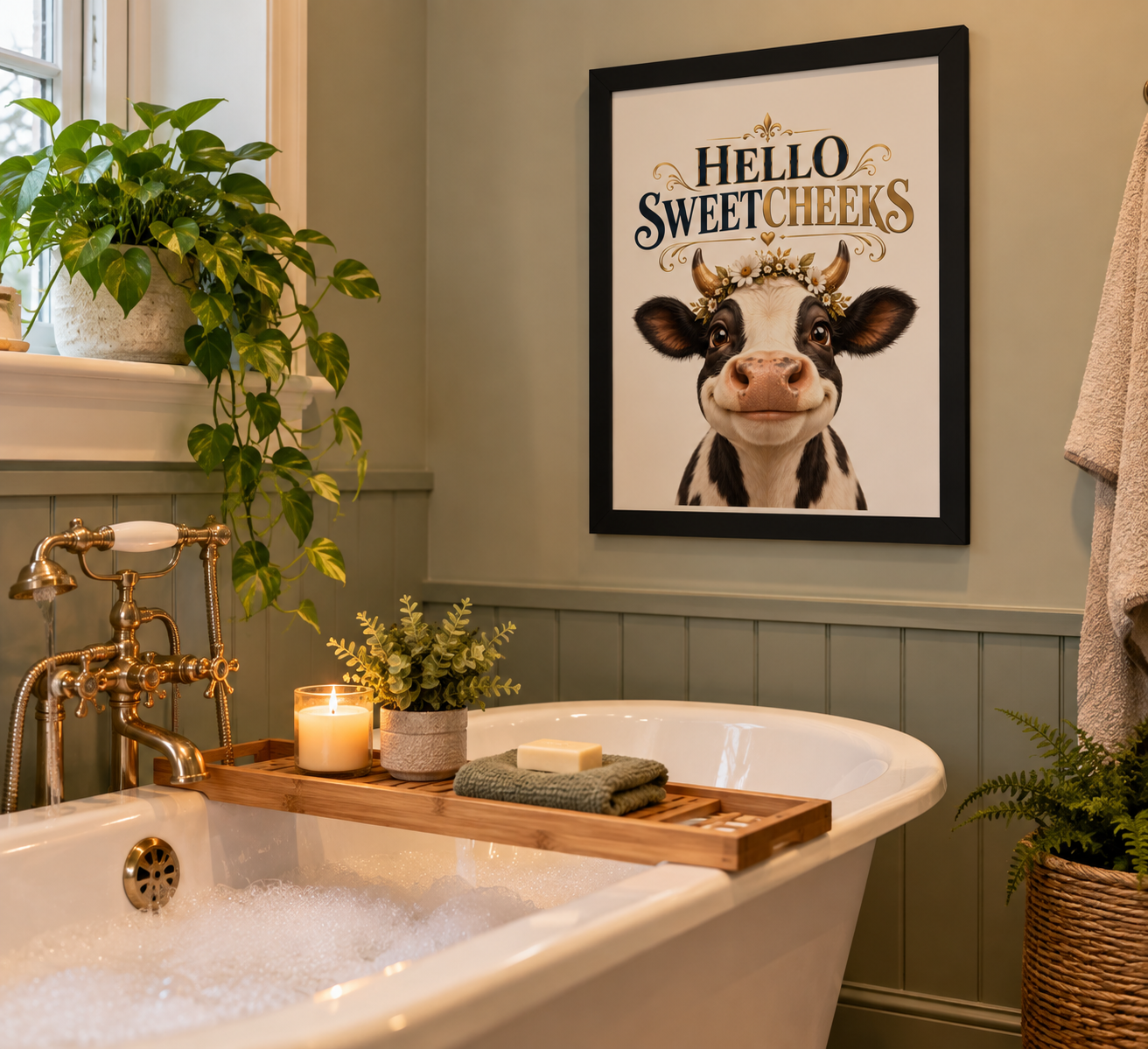 Funny cow bathroom wall art featuring a cute floral cow and Hello Sweetcheeks slogan.