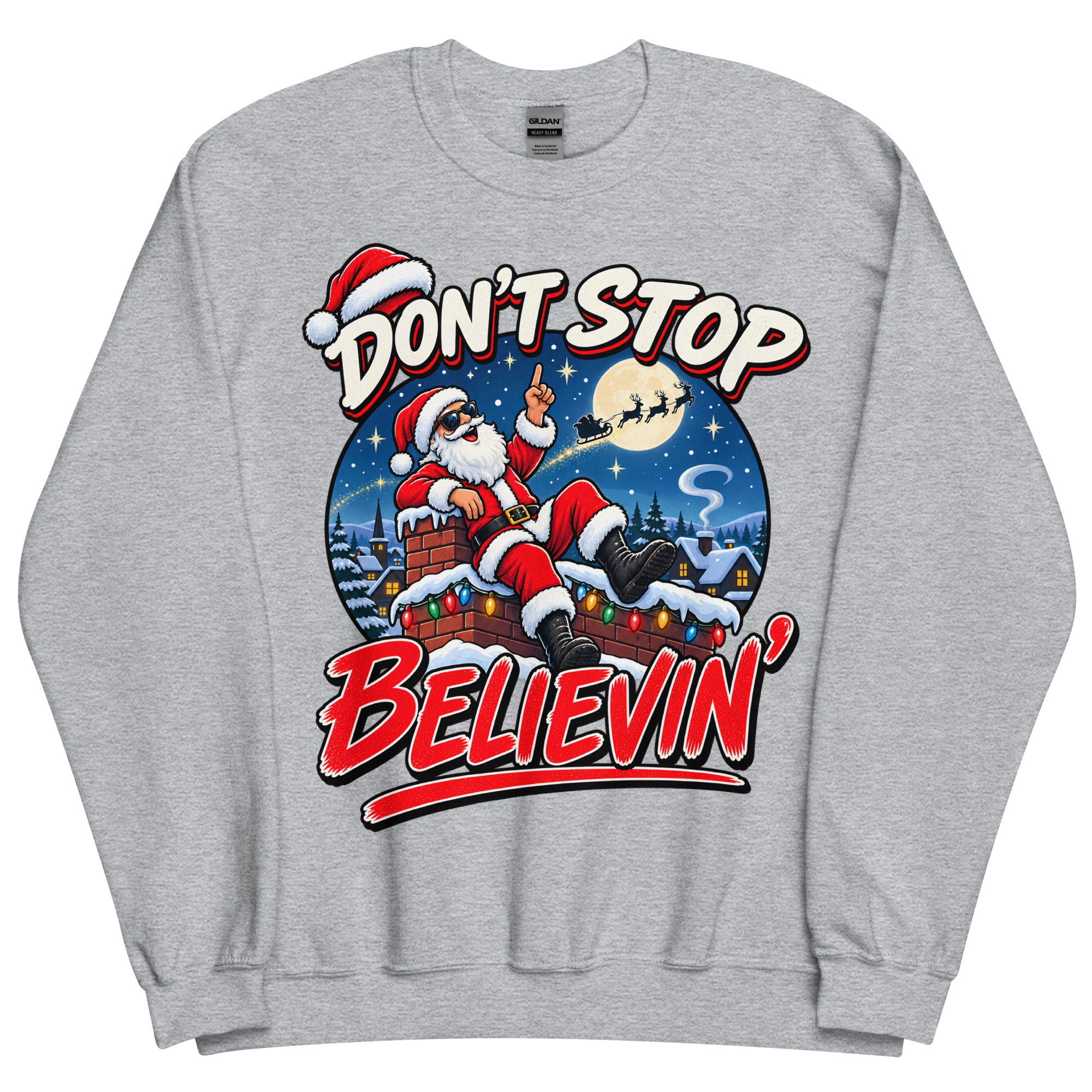 Don’t Stop Believin’ Santa Funny Christmas Jumper