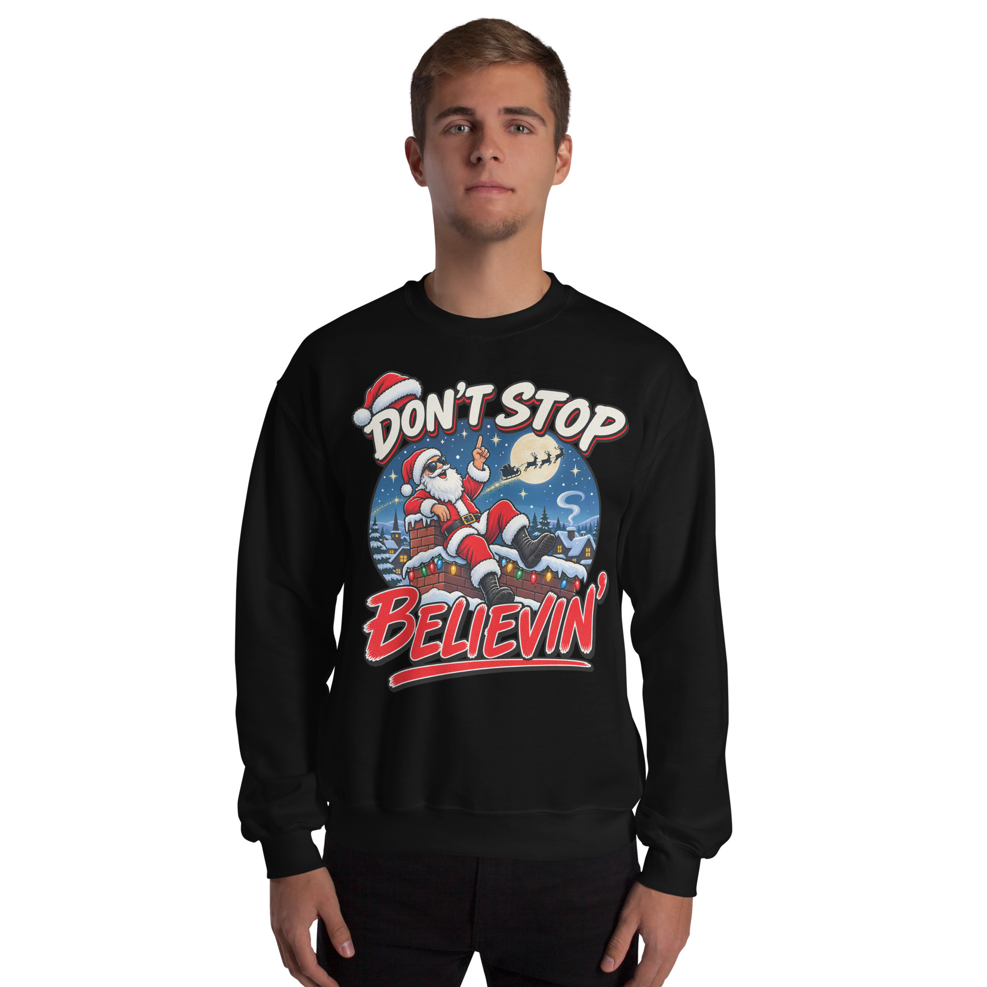 Don’t Stop Believin’ Santa Funny Christmas Jumper