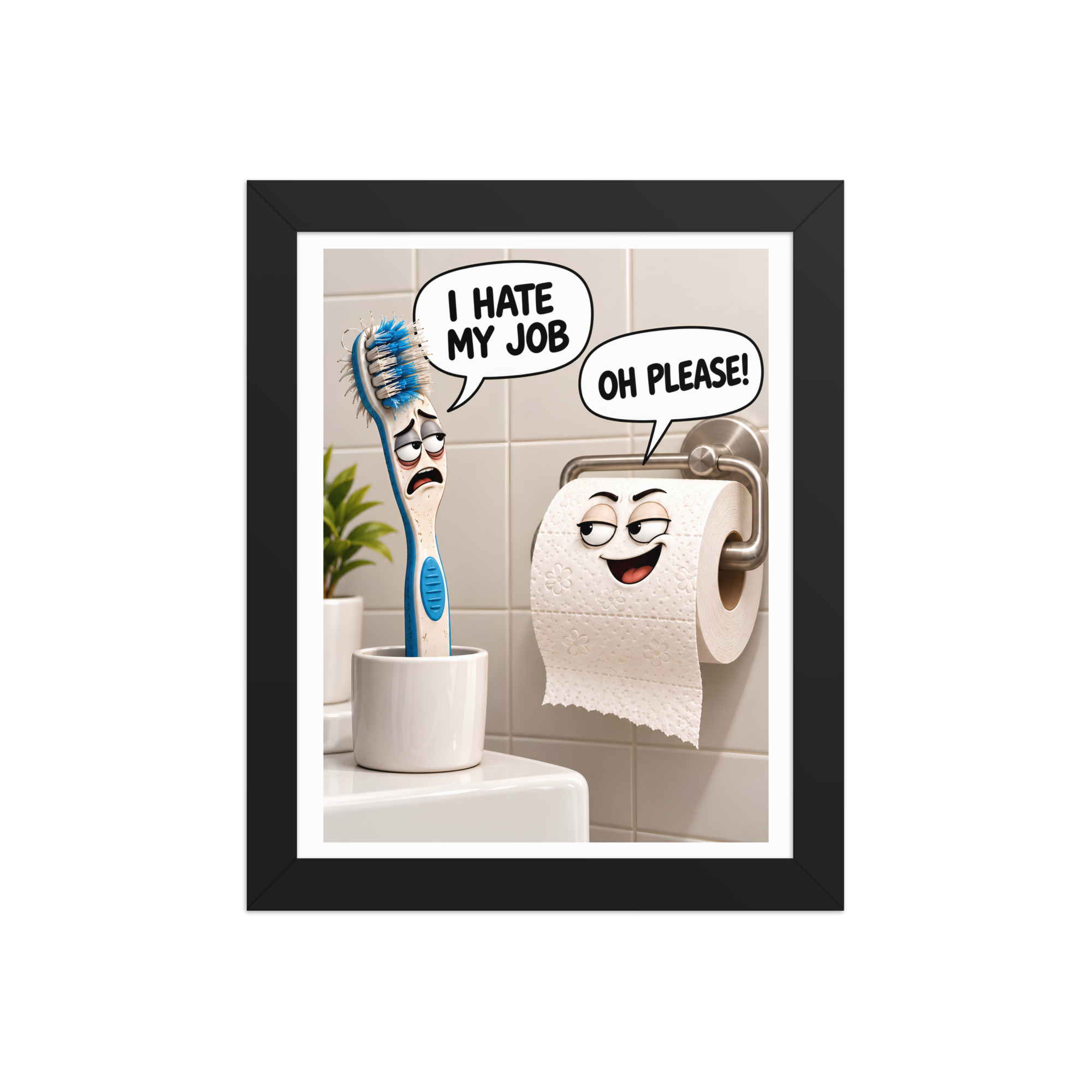 Funny Bathroom Framed Prints With Toiler Roll & Toothbrush