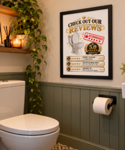 Funny toilet wall art featuring hilarious five-star loo reviews and a 5.0 rating.