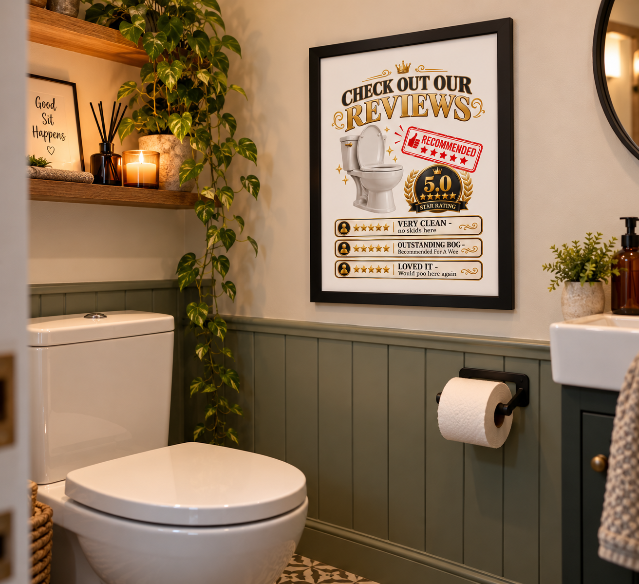 Funny toilet wall art featuring hilarious five-star loo reviews and a 5.0 rating.