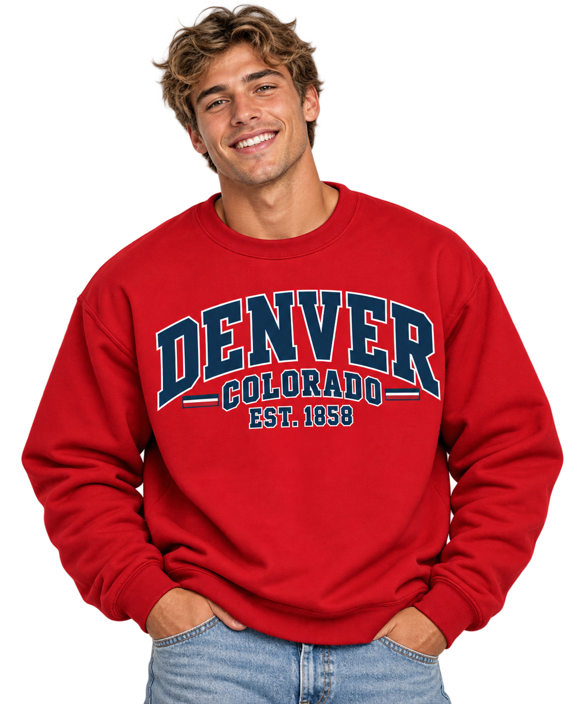Smiling Man in Denver Varsity Sweatshirt