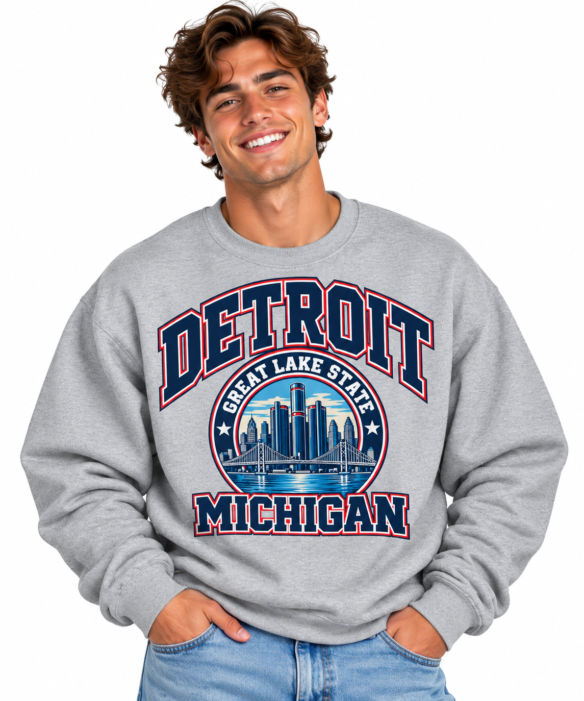 Smiling Man in Detroit Collegiate Sweatshirt