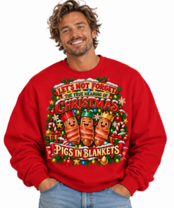 Smiling Man in Festive Pigs-in-Blankets Sweatshirt