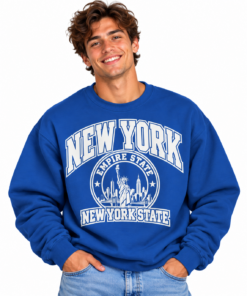 Smiling Model in Blue New York Sweatshirt