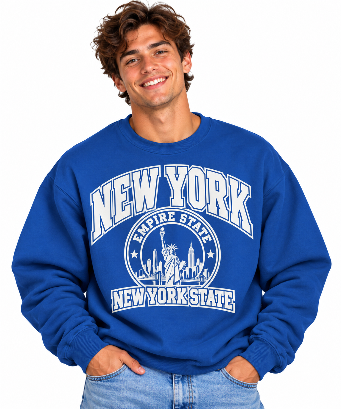 Smiling Model in Blue New York Sweatshirt