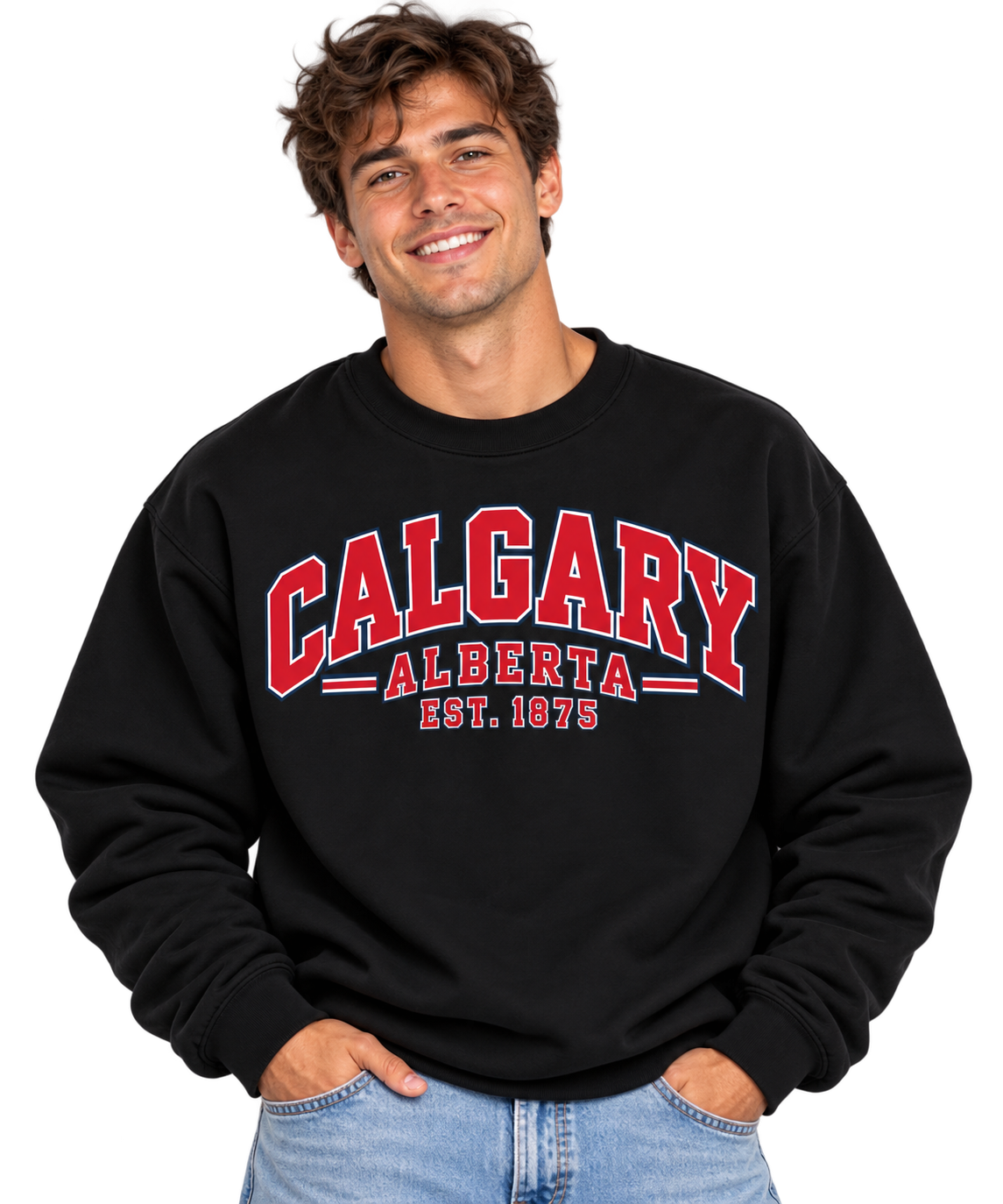 Smiling Model in Calgary Varsity Sweatshirt