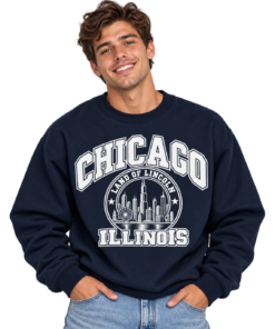 Smiling Model in Chicago Varsity Sweatshirt
