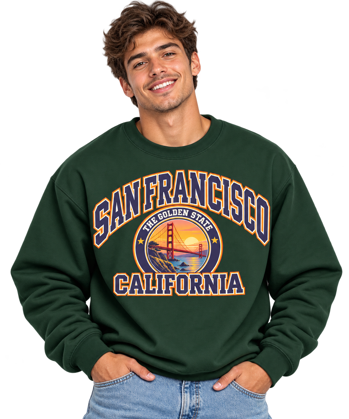 Smiling San Francisco Sweatshirt Model