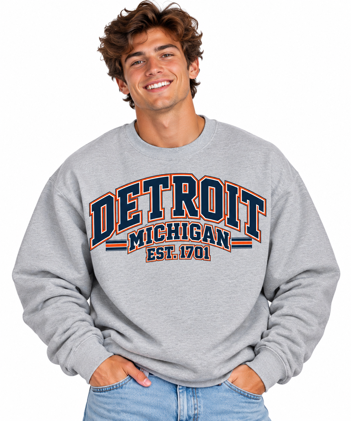 Smiling Young Man in Detroit Collegiate Sweatshirt