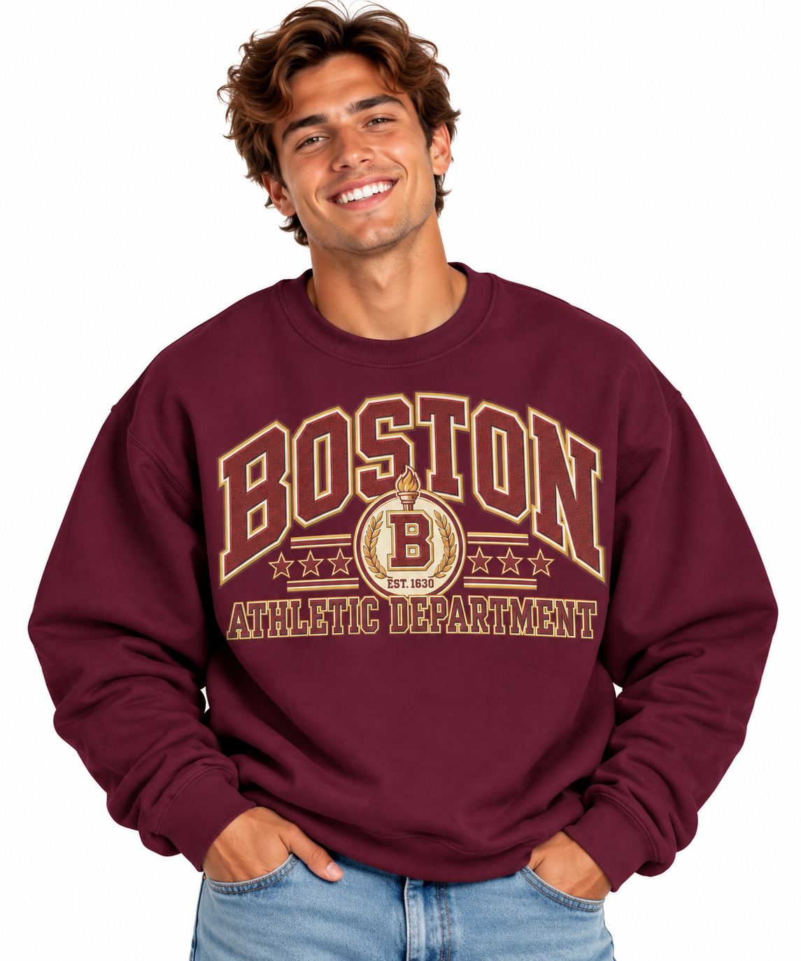 Smiling in a Classic Boston Sweatshirt