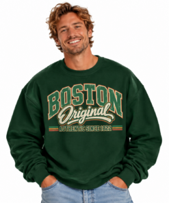 Smiling man in vintage Boston sweatshirt