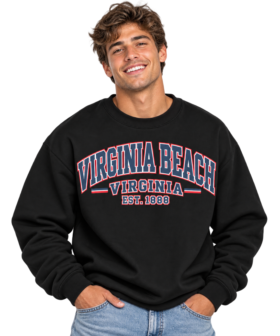 Smiling model in Virginia Beach sweatshirt